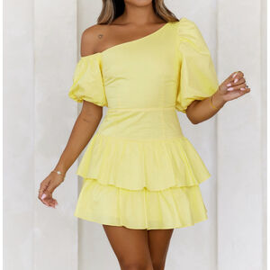 HelloMolly Dress Sz M Yellow Puff Sleeve Tiered Ruffle Mini Cottagecore Babydoll